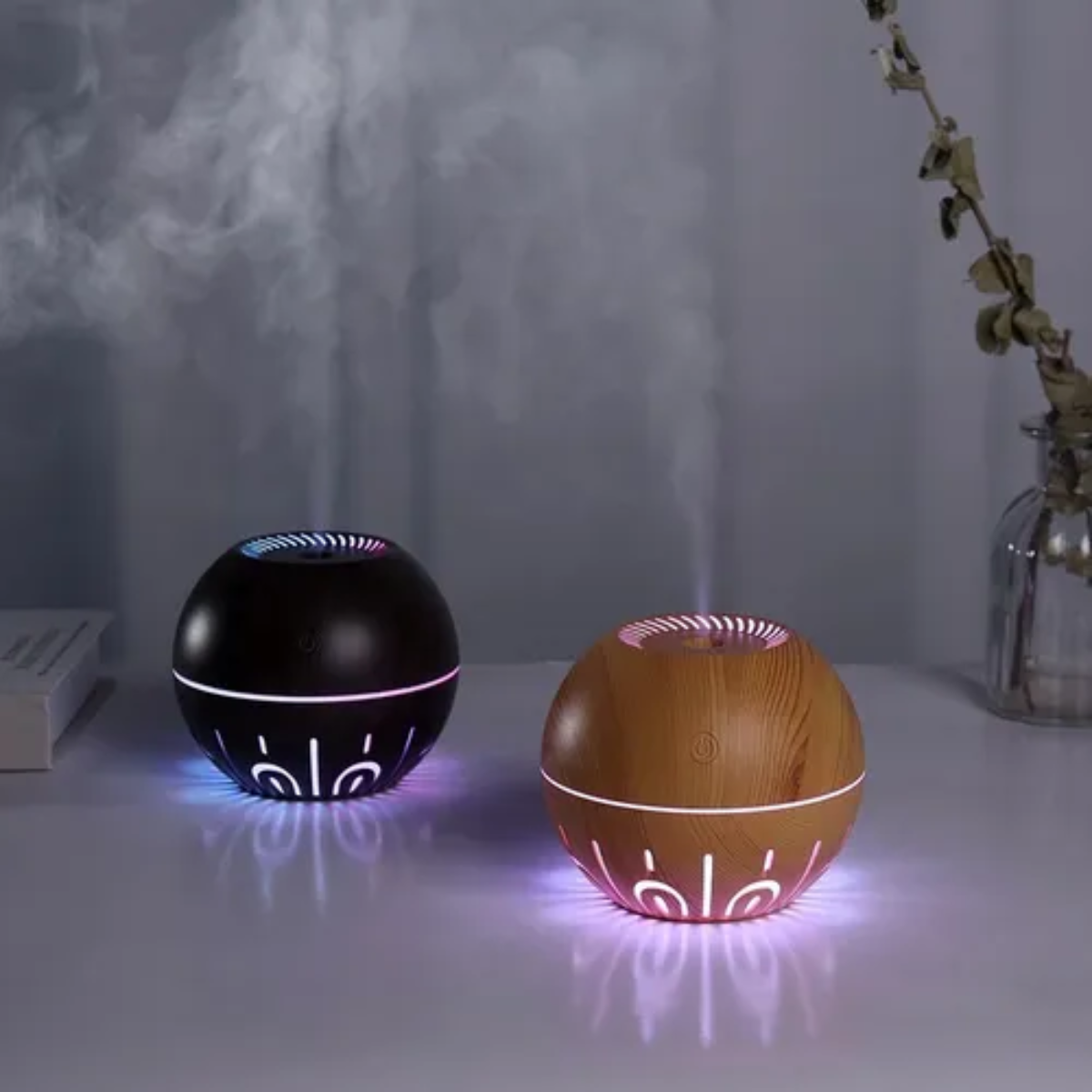 DIFUSOR HUMIDIFICADOR AMBIENTADOR REDONDO EN MADERA BOLA GRANO LUZ L5